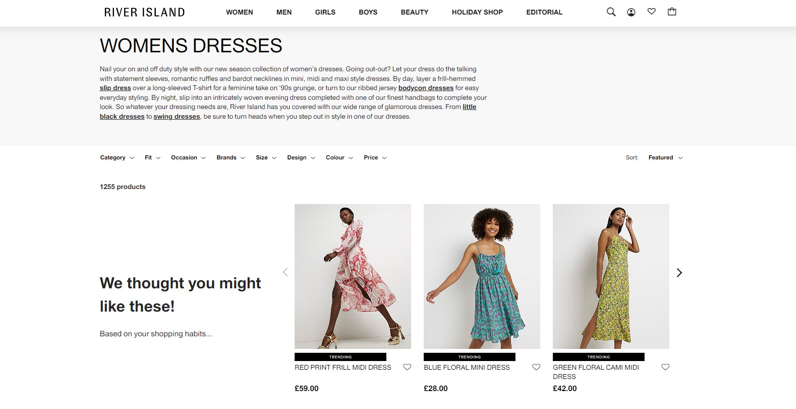 AI generated product recommendations on a fashion retail website
