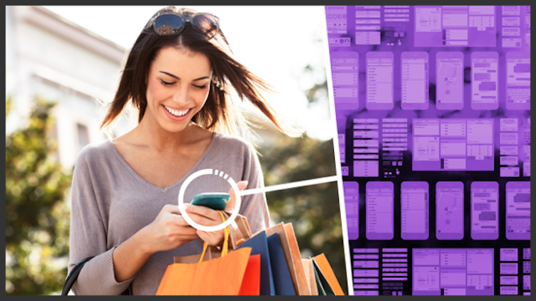 Image of a woman with shopping smiling at her phone