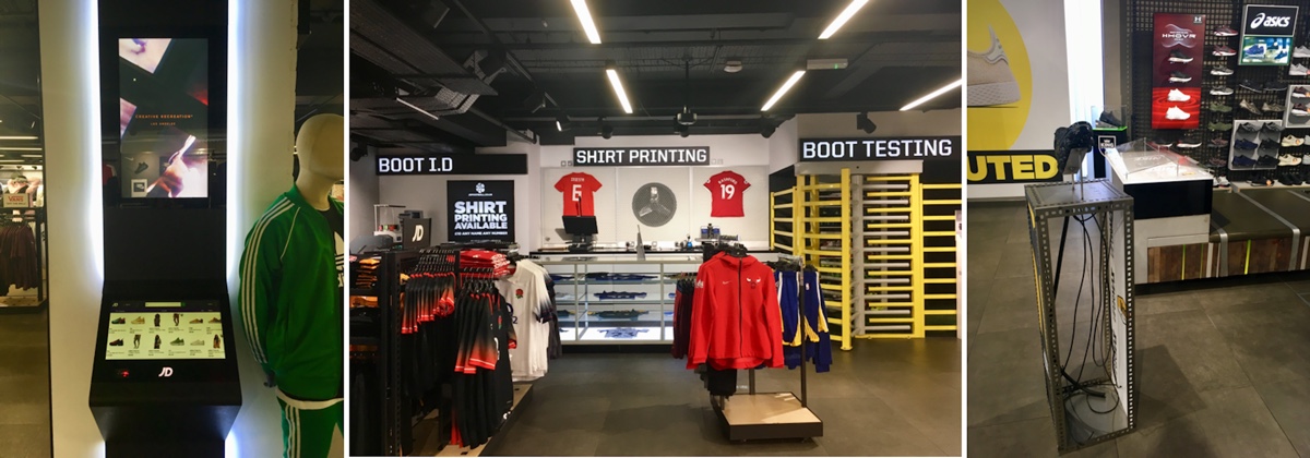 Images of the interactive mirror, boot testing, and technology showcasing at the JD Sports store