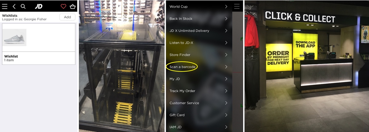 Images of the JD Sports store and screenshots of the 'Scan a barcode' feature on the JD Sports app