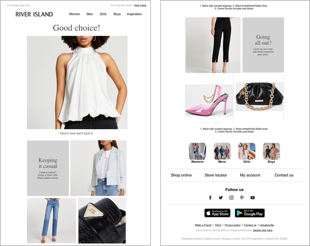 An example of a post-purchase email from River Island with personalized outfits generated by Dressipi's AI algorithms