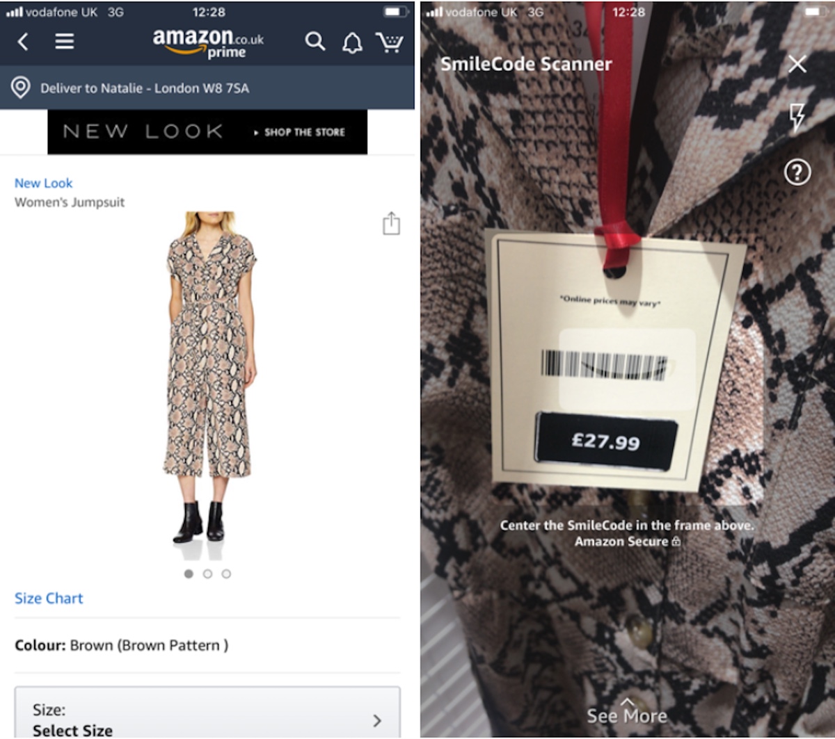 Image of an Amazon barcode on a dress next to an image of the dress on the Amazon mobile app