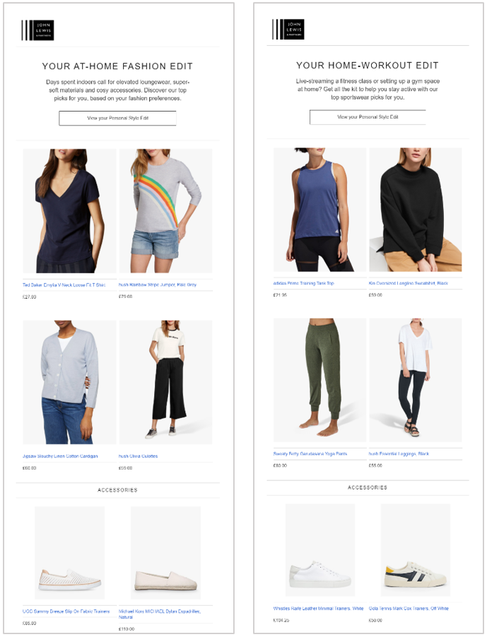 Examples of personalized 'At home' and 'Home workout' fashion edit emails