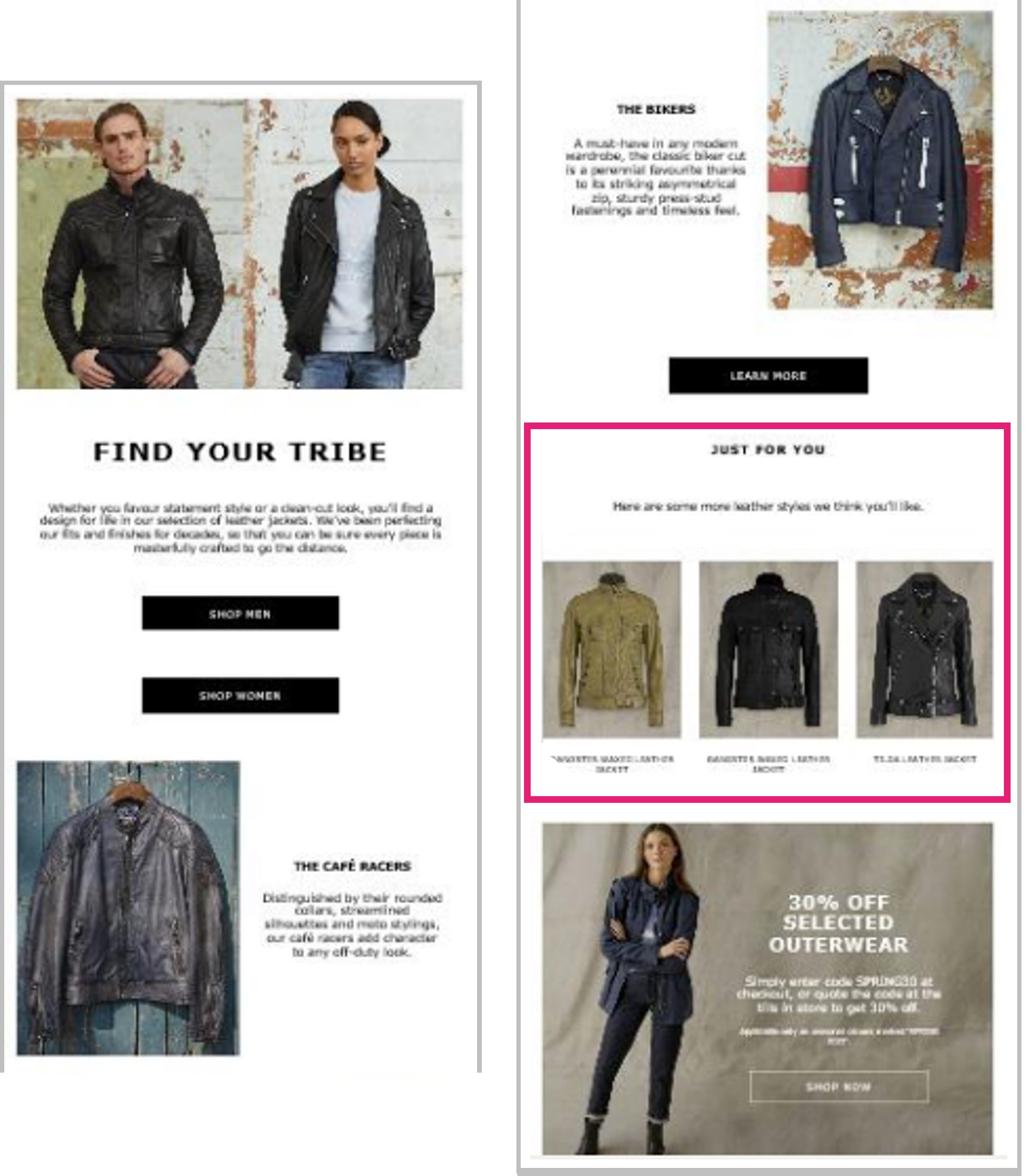 Personalized product recommendations in a Belstaff email