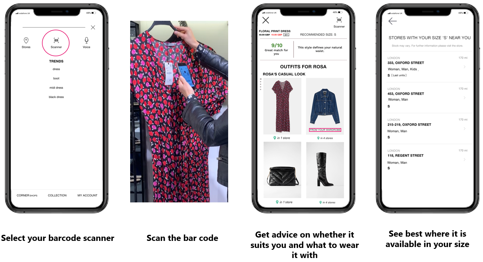 Graphic showing the process of getting style advice and size availability for a product from scanning the bar code in store