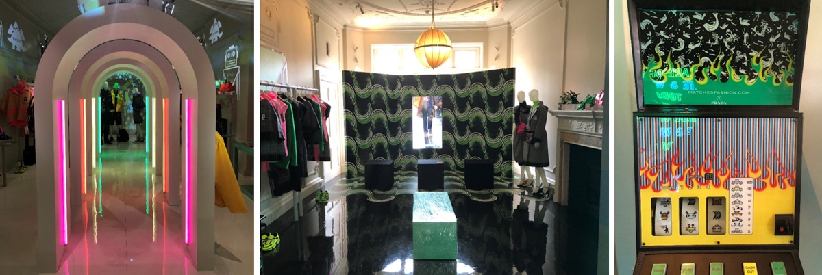 Three images of the Prada installation at the Matchesfashion store at 5 Carlos Place